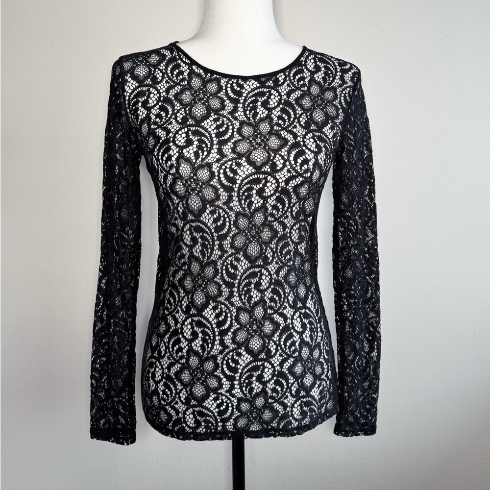 Black Transparent Lace Long Sleeve Top